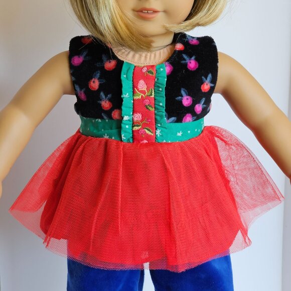 Matilda Jane Caroling Away Doll Clothes Red Tulle Top & Blue Velour Ruffle Pants - Picture 4 of 13